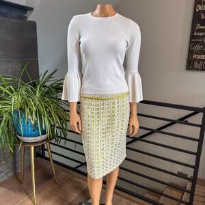 Antonio Melani Chartreuse Geometric Lace Pencil Skirt, Ivory/Lime Green, Size 4